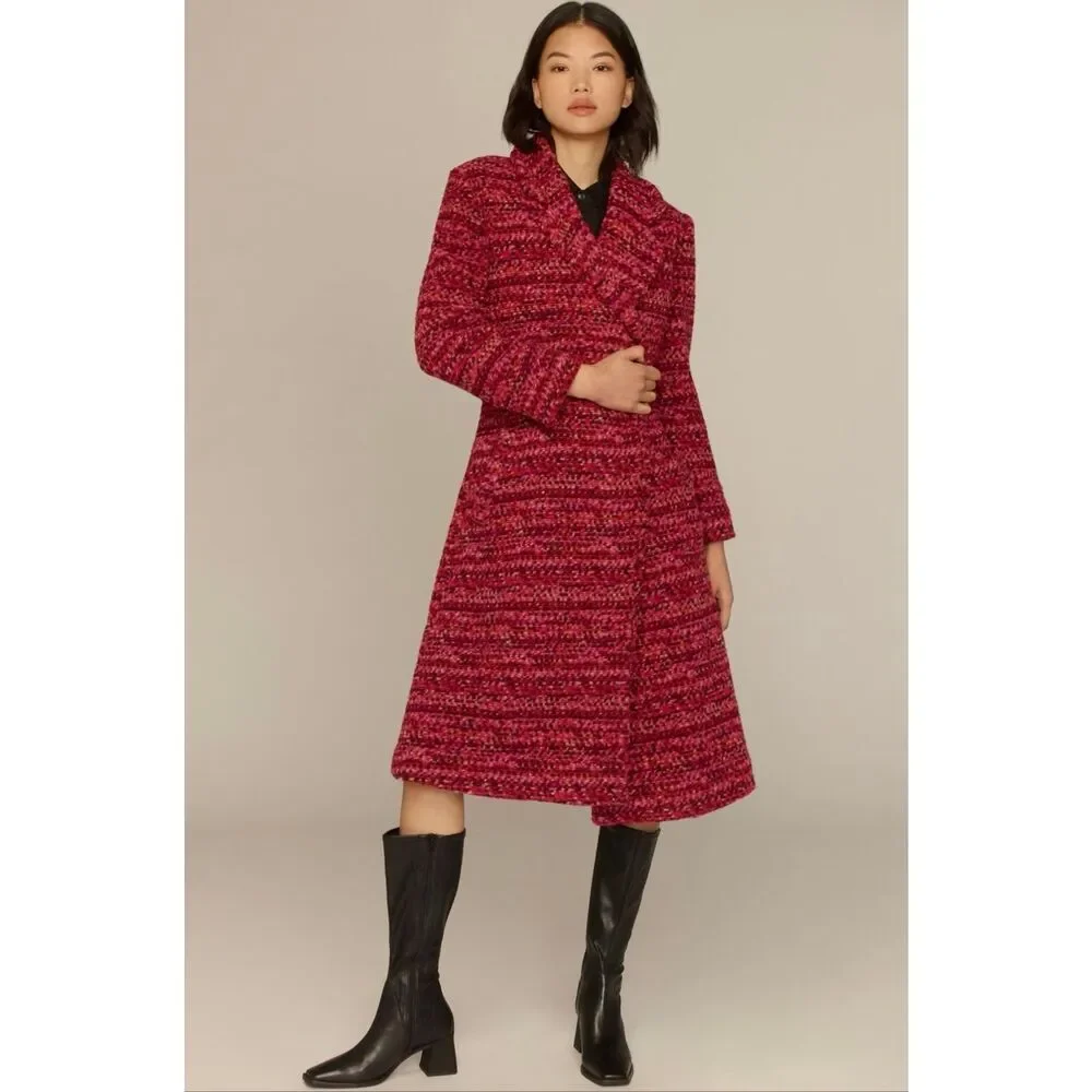 Hutch Kat Wrap Belted Boucle Coat Jacket in Pink Size S